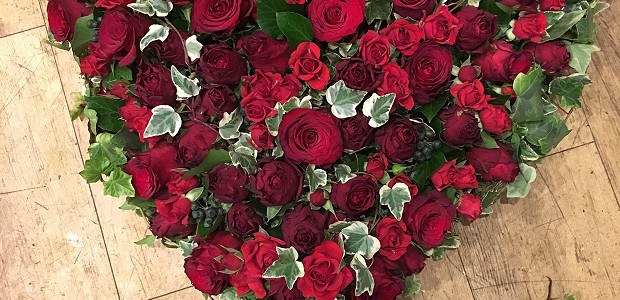 Heart shaped deep velvet red roses wreath